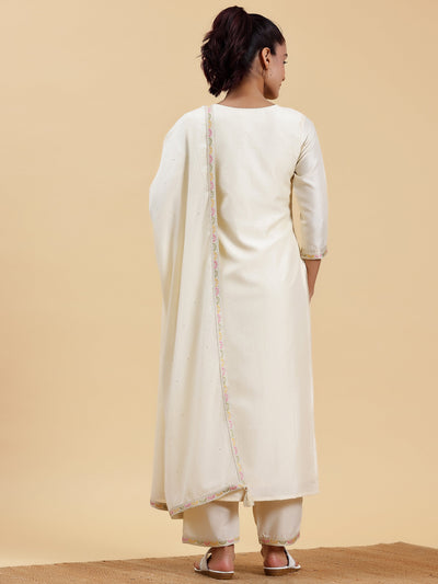 Off White Woven Design Silk Blend Straight Suit With Dupatta