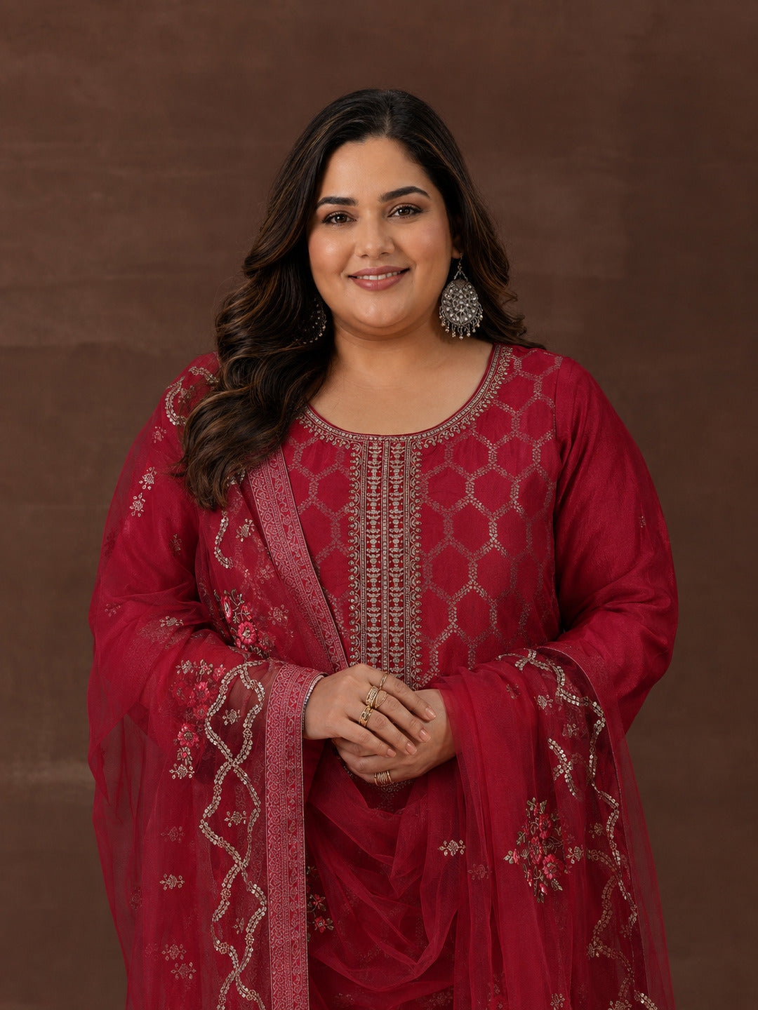 Plus Size Pink Woven Design Silk Blend Straight Suit With Dupatta