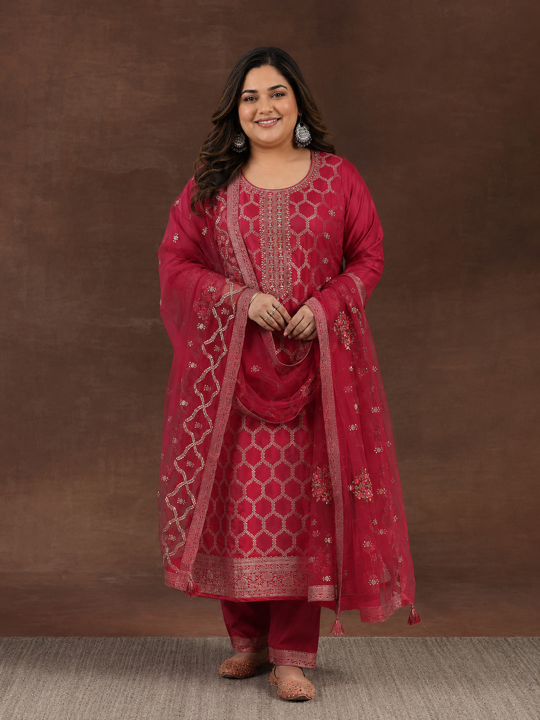 Plus Size Pink Woven Design Silk Blend Straight Suit With Dupatta