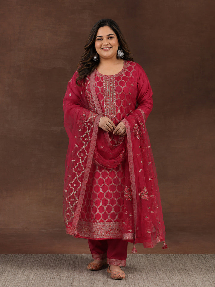 Plus Size Pink Woven Design Silk Blend Straight Suit With Dupatta