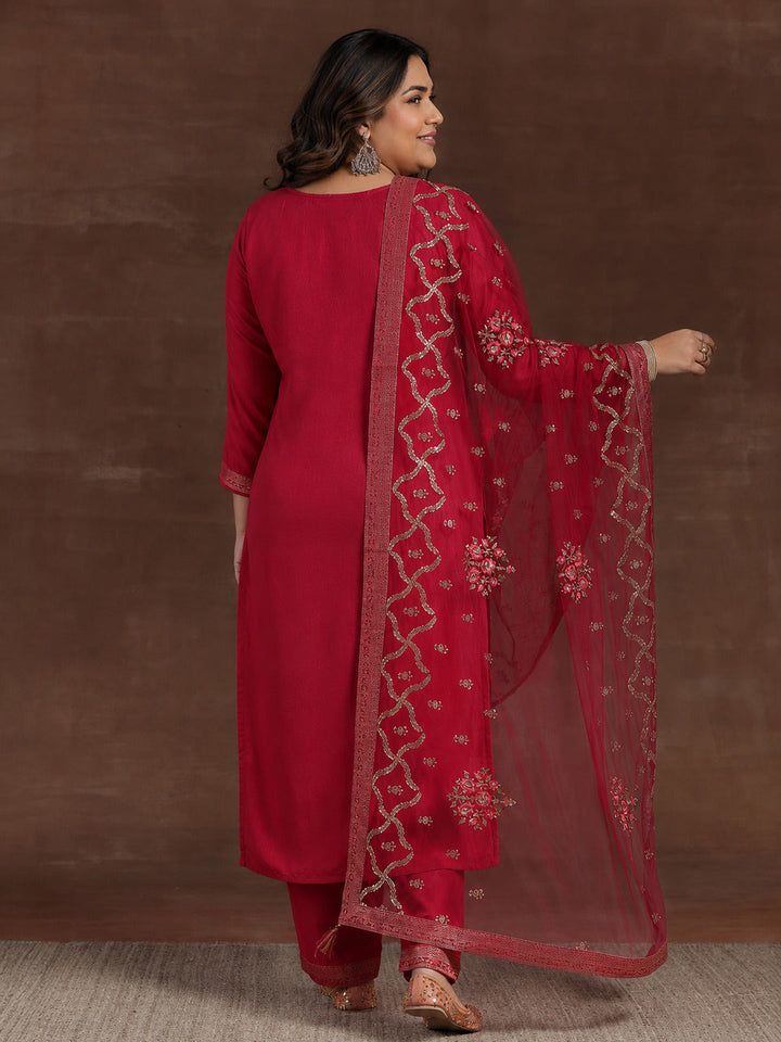 Plus Size Pink Woven Design Silk Blend Straight Suit With Dupatta