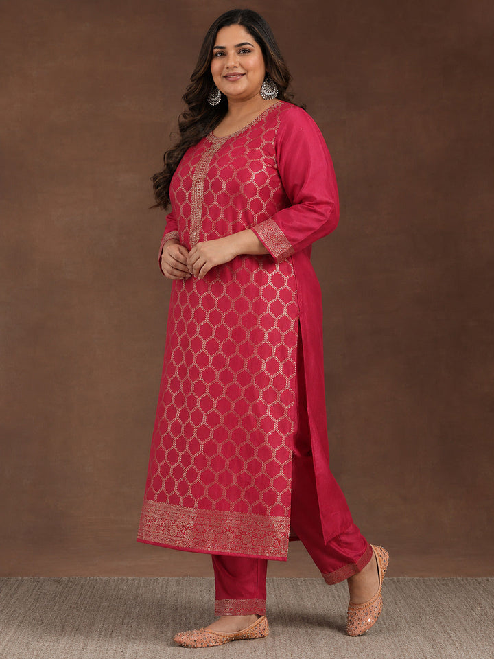 Plus Size Pink Woven Design Silk Blend Straight Suit With Dupatta