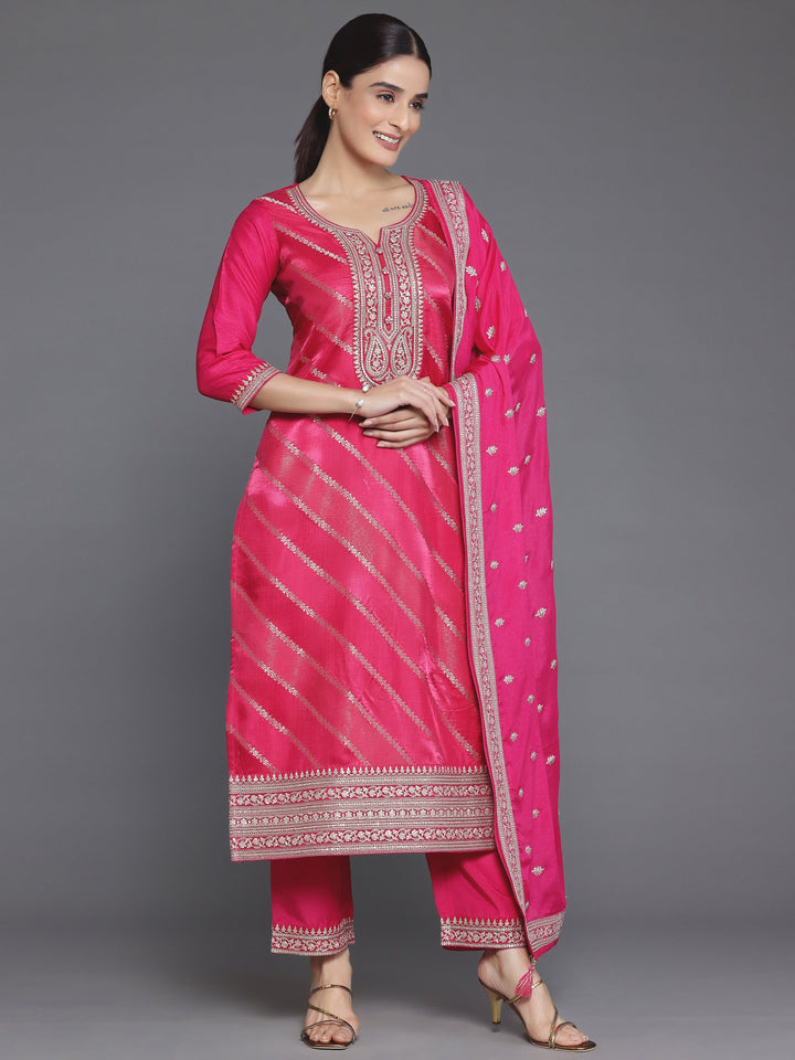 Pink Self Design Silk Blend Straight Suit With Dupatta