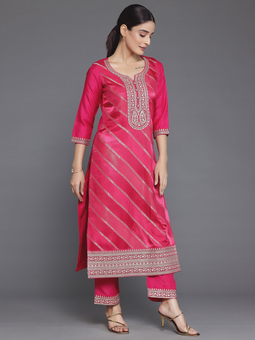 Pink Self Design Silk Blend Straight Suit With Dupatta
