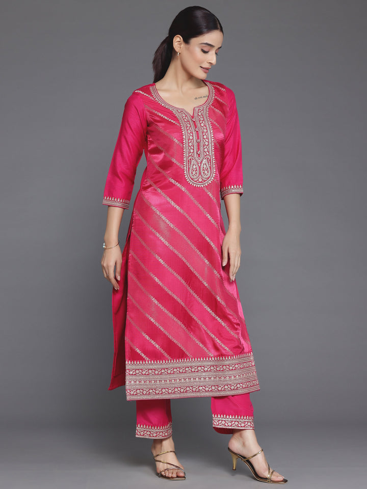 Pink Self Design Silk Blend Straight Suit With Dupatta