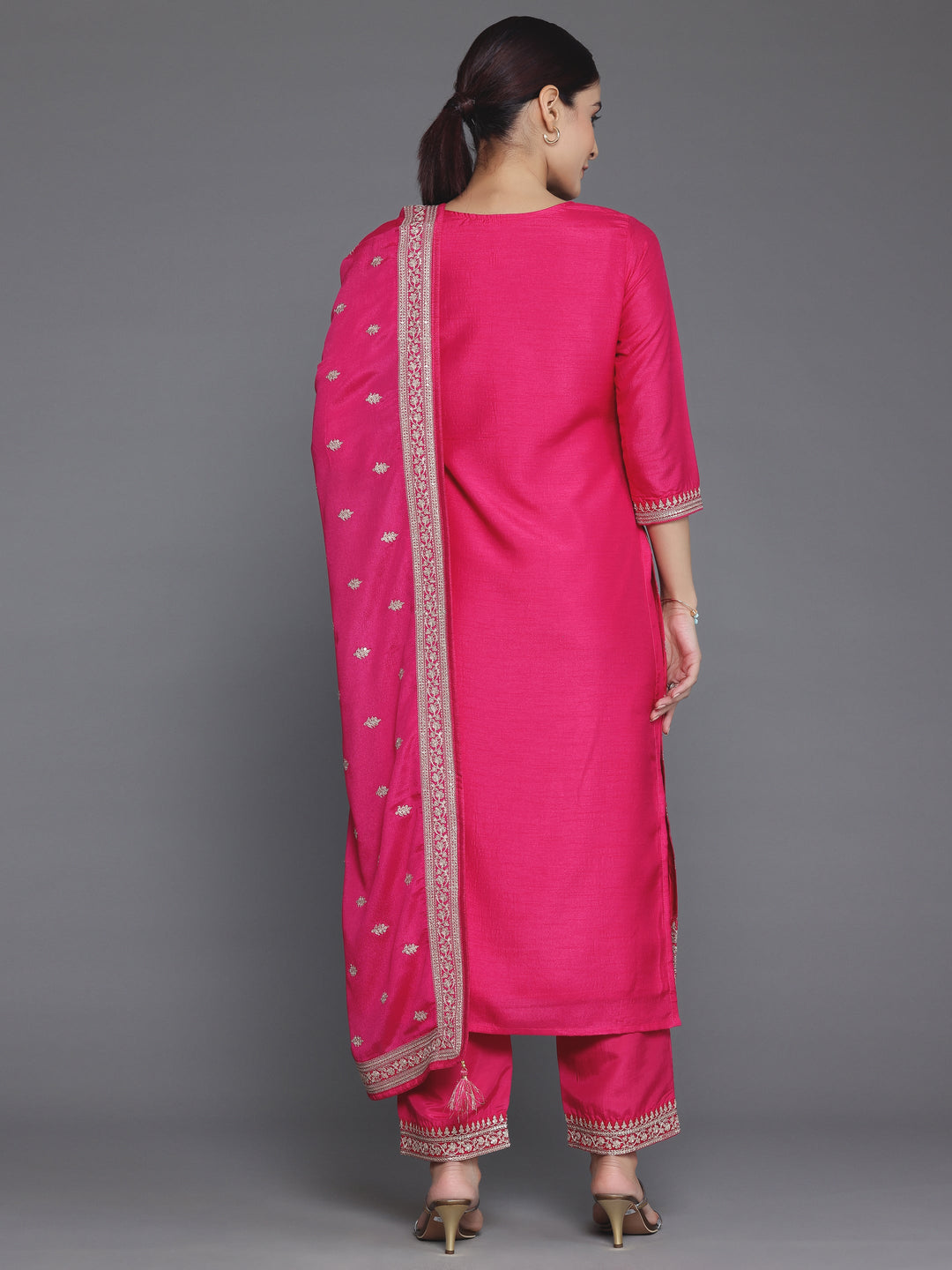 Pink Self Design Silk Blend Straight Suit With Dupatta