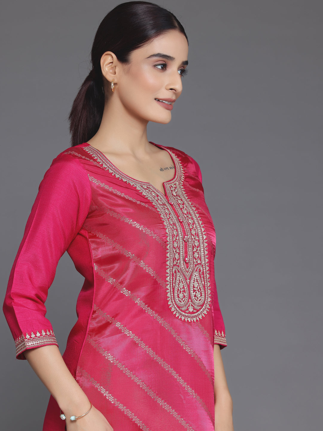 Pink Self Design Silk Blend Straight Suit With Dupatta