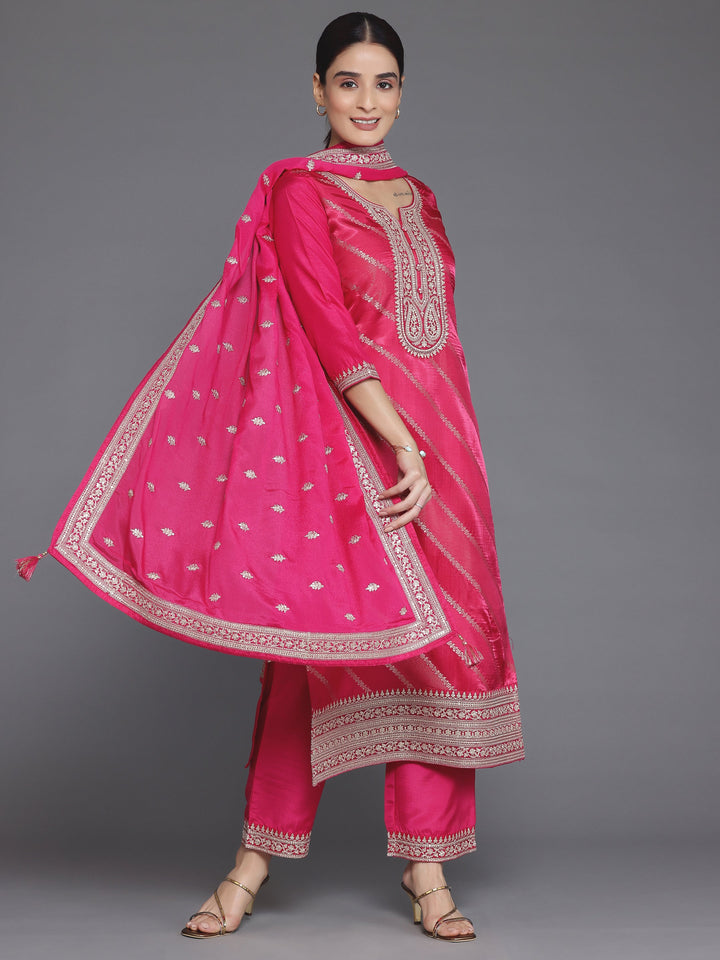 Pink Self Design Silk Blend Straight Suit With Dupatta