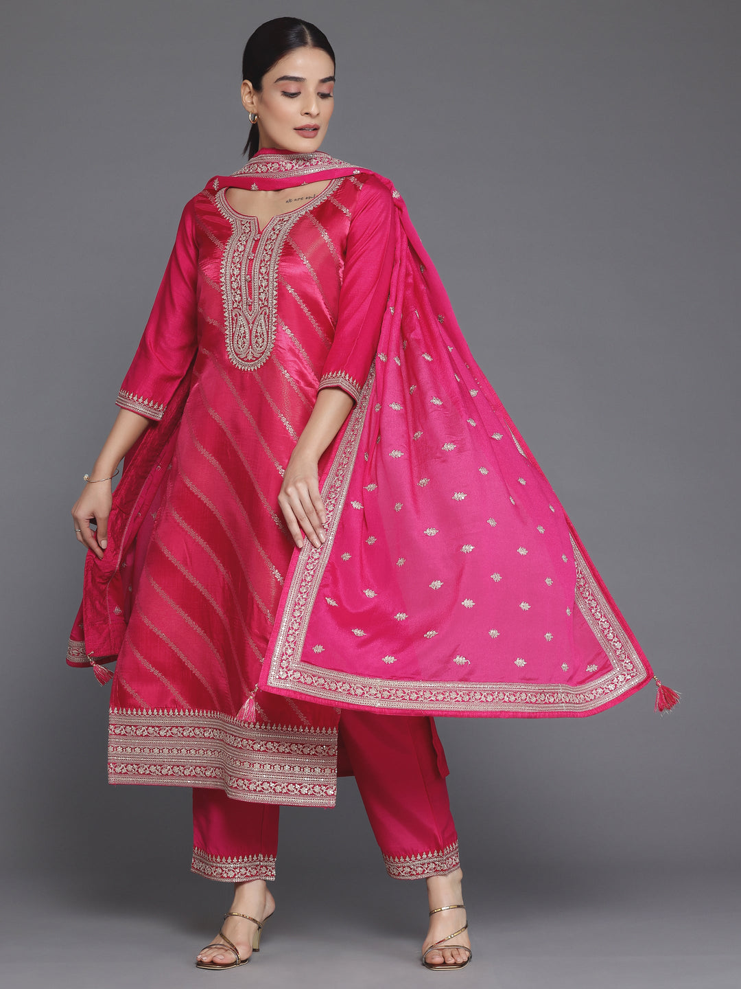 Pink Self Design Silk Blend Straight Suit With Dupatta