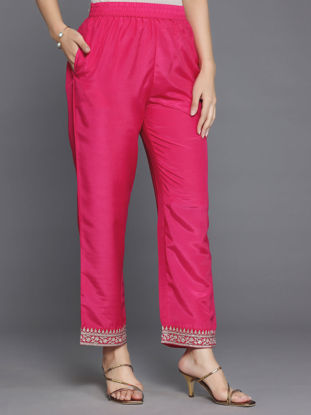 Pink Self Design Silk Blend Straight Suit With Dupatta