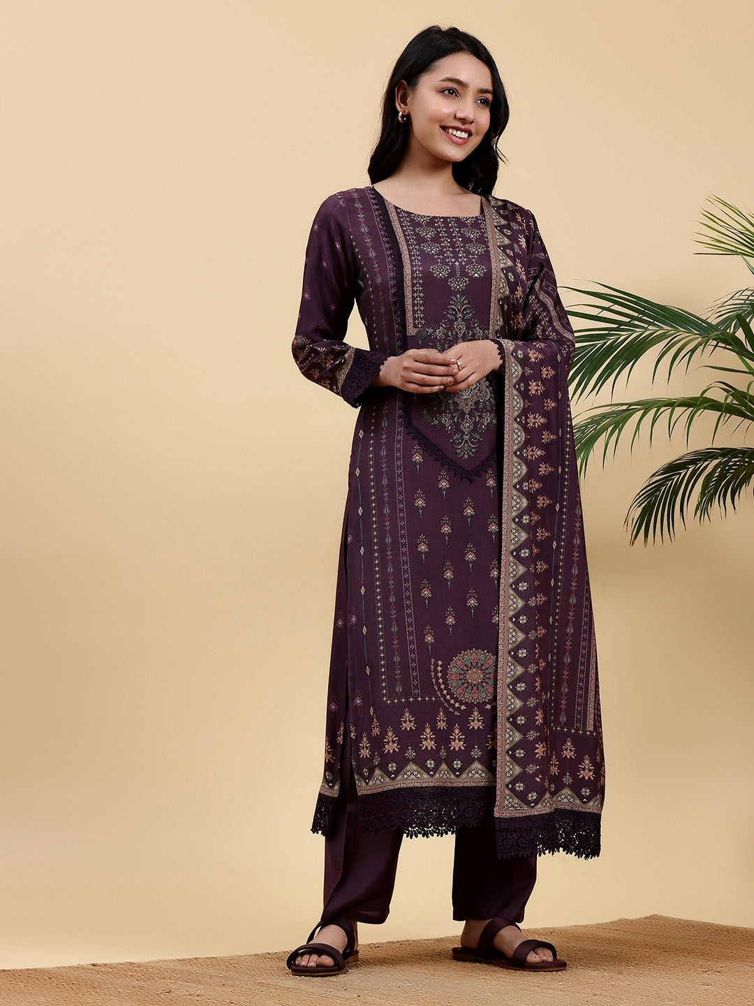 Wine Printed Silk Blend Straight Suit With Dupatta