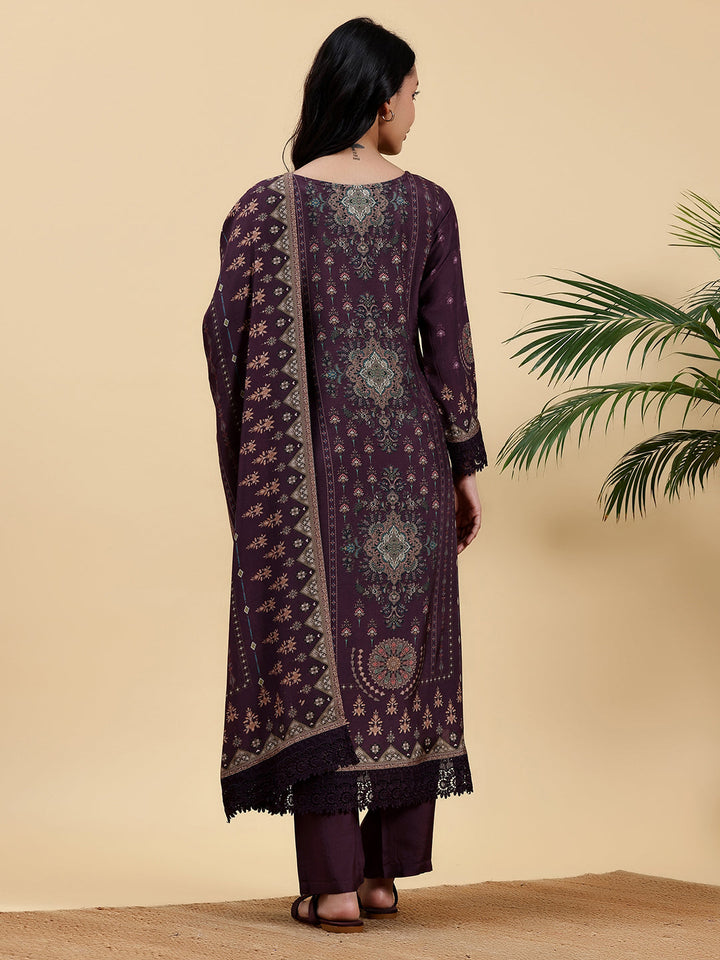 Wine Printed Silk Blend Straight Suit With Dupatta