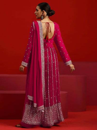 Libas Art Hot Pink Embroidered Georgette A-Line Kurta With Palazzos & Dupatta