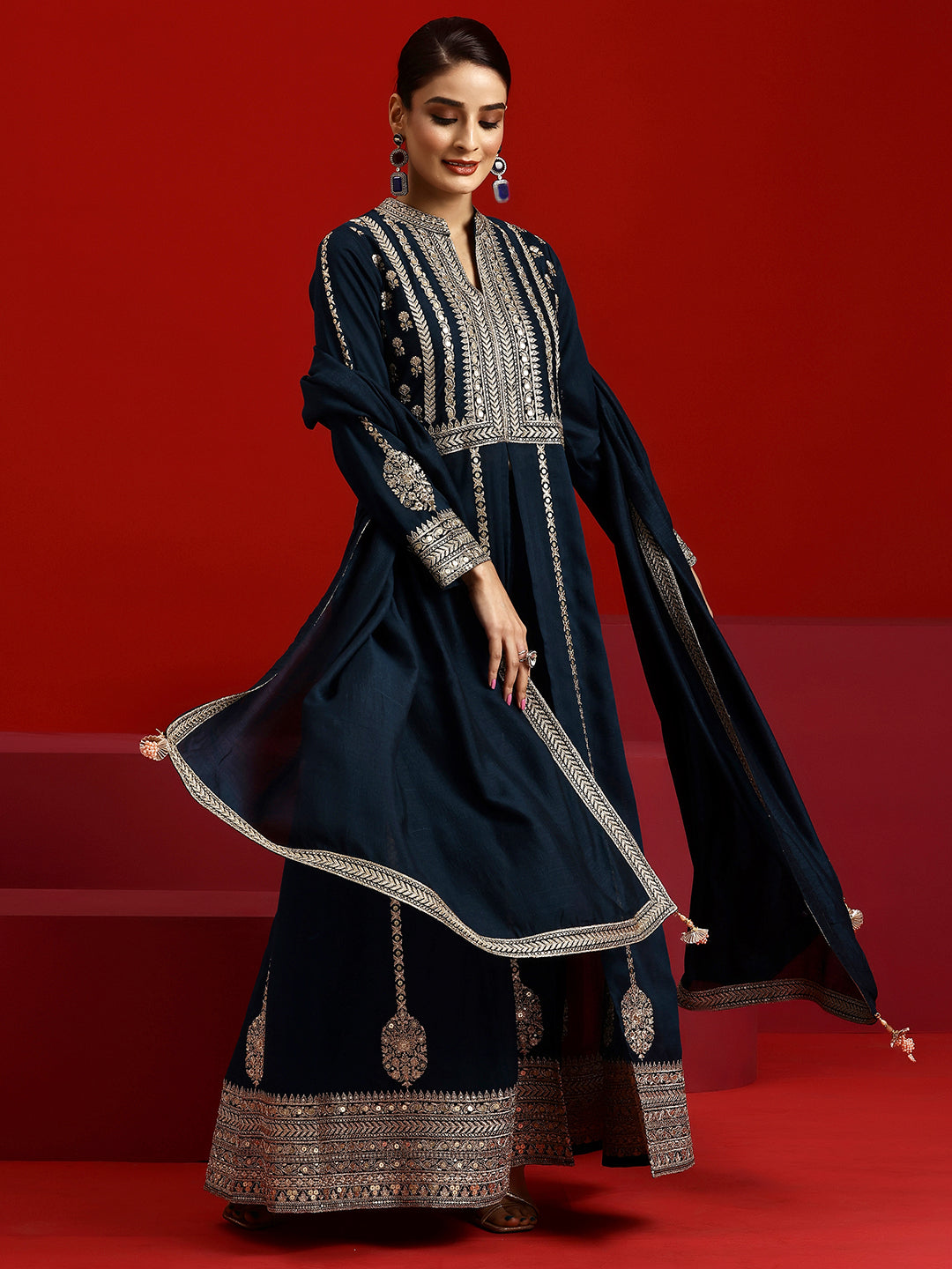 Libas Art Navy Embroidered Georgette A-Line Kurta With Trousers & Dupatta