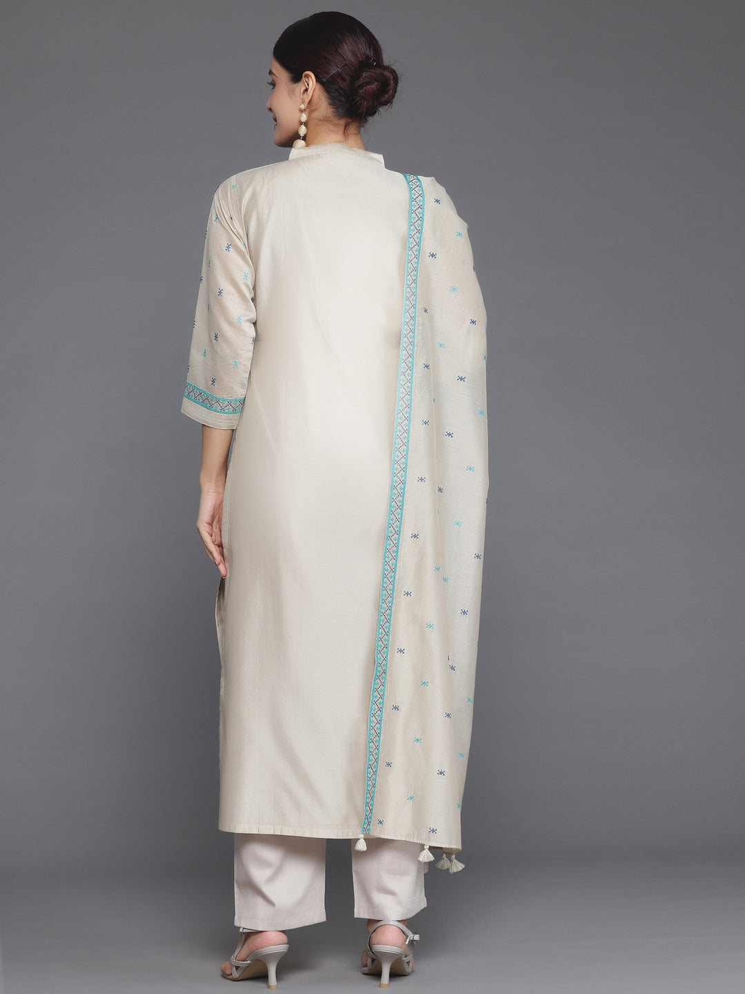 Beige Yoke Design Chanderi Silk Straight Suit With Dupatta