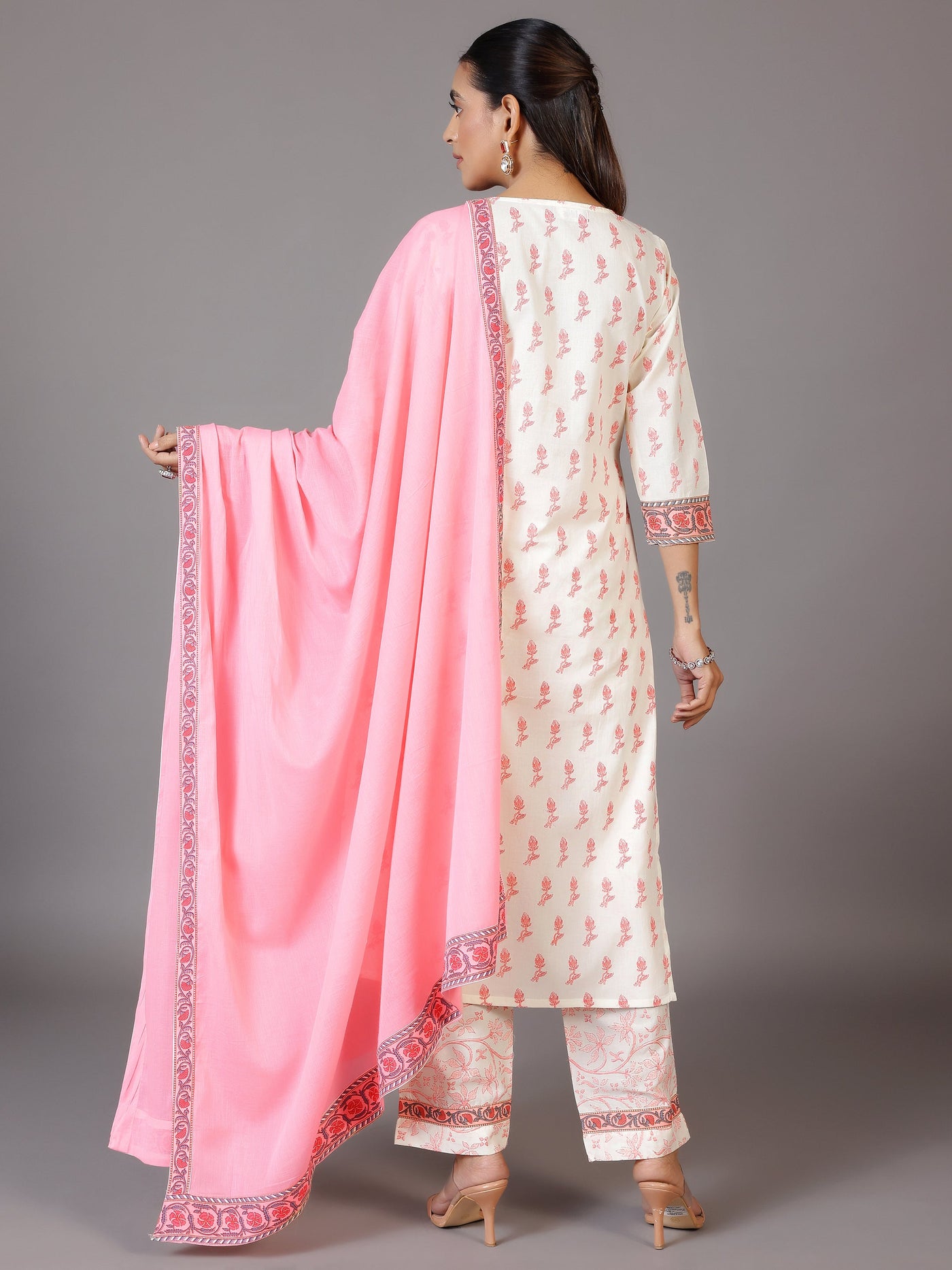 Off White Printed Cotton Straight Suit With Dupatta