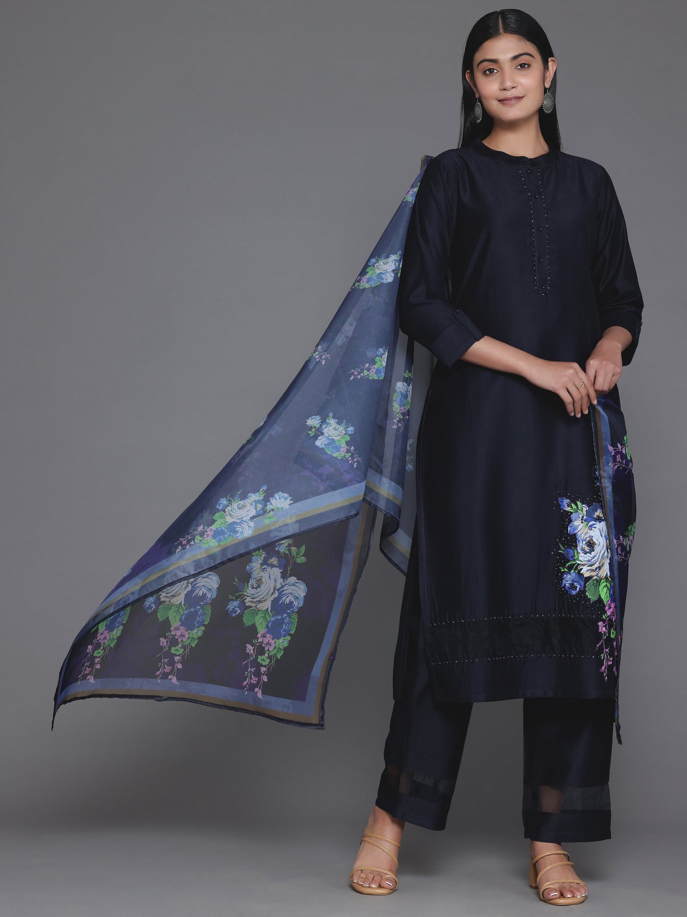 Navy Blue Self Design Silk Blend Straight Suit With Dupatta
