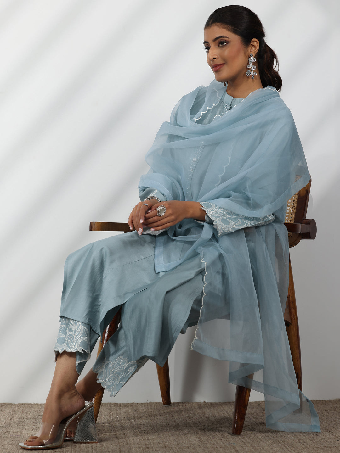 Blue Solid Silk Blend Straight Suit With Dupatta