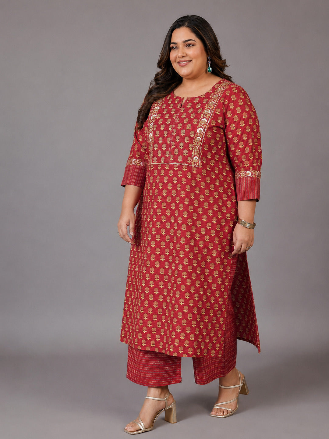 Plus Size Rust Printed Cotton Straight Suit With Dupatta