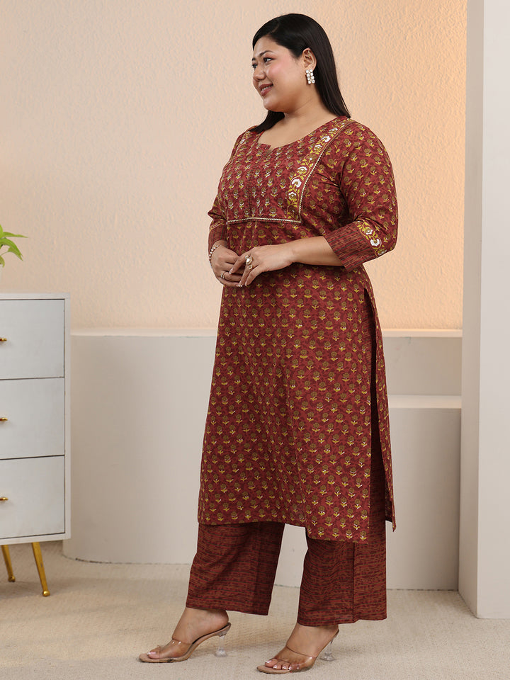 Plus Size Rust Printed Cotton Straight Suit With Dupatta