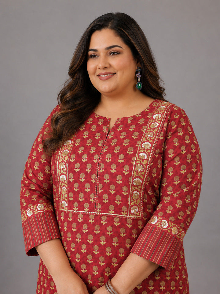 Plus Size Rust Printed Cotton Straight Suit With Dupatta
