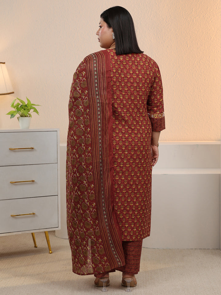 Plus Size Rust Printed Cotton Straight Suit With Dupatta