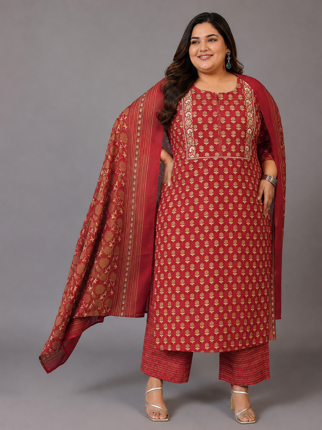 Plus Size Rust Printed Cotton Straight Suit With Dupatta