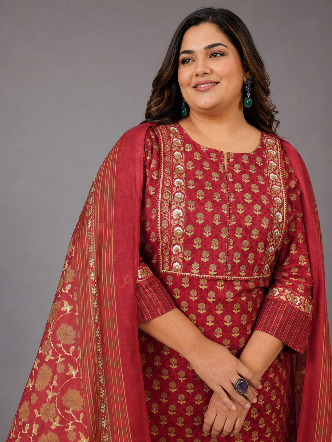 Plus Size Rust Printed Cotton Straight Suit With Dupatta