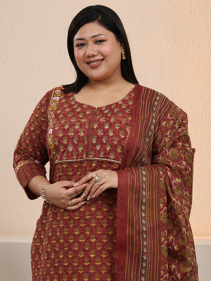 Plus Size Rust Printed Cotton Straight Suit With Dupatta