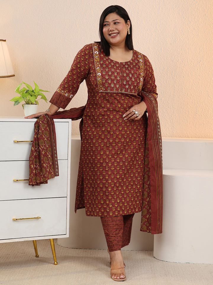 Plus Size Rust Printed Cotton Straight Suit With Dupatta