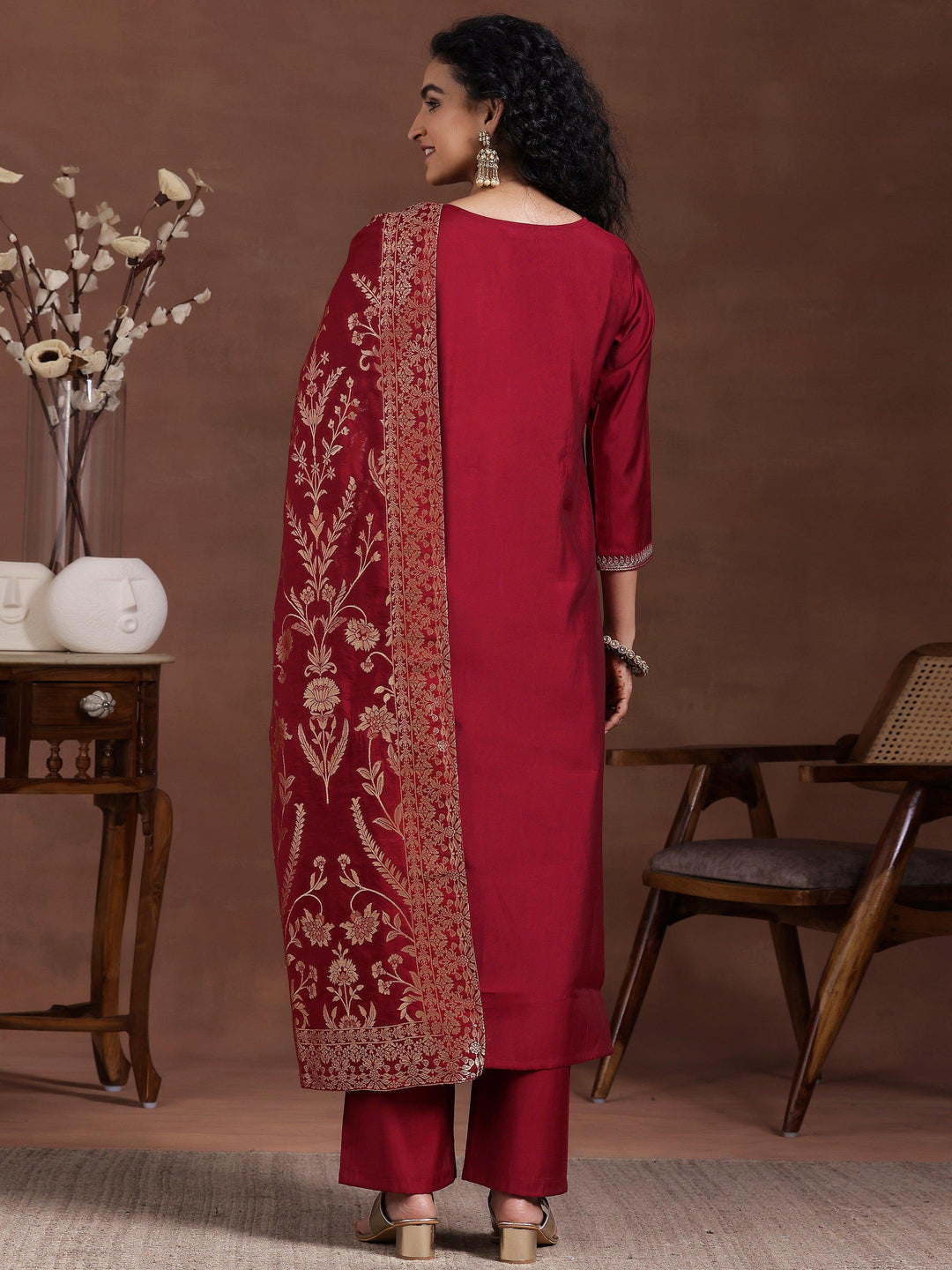 Maroon Yoke Design Silk Blend Straight Suit With Dupatta - Libas 