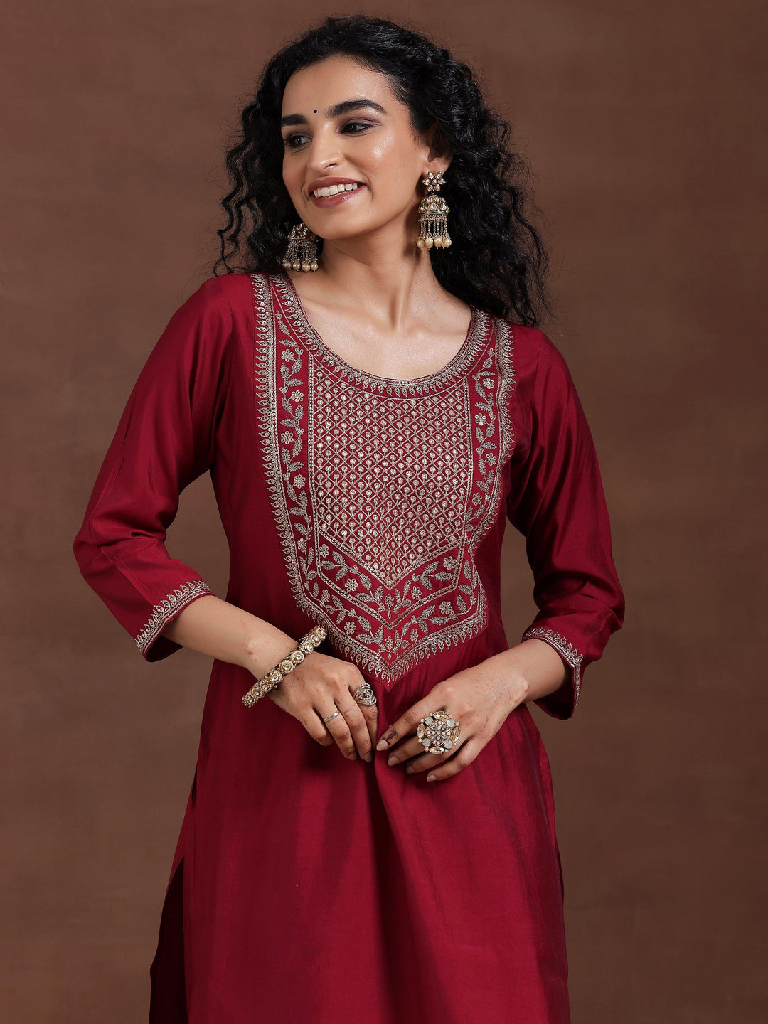 Maroon Yoke Design Silk Blend Straight Suit With Dupatta - Libas 