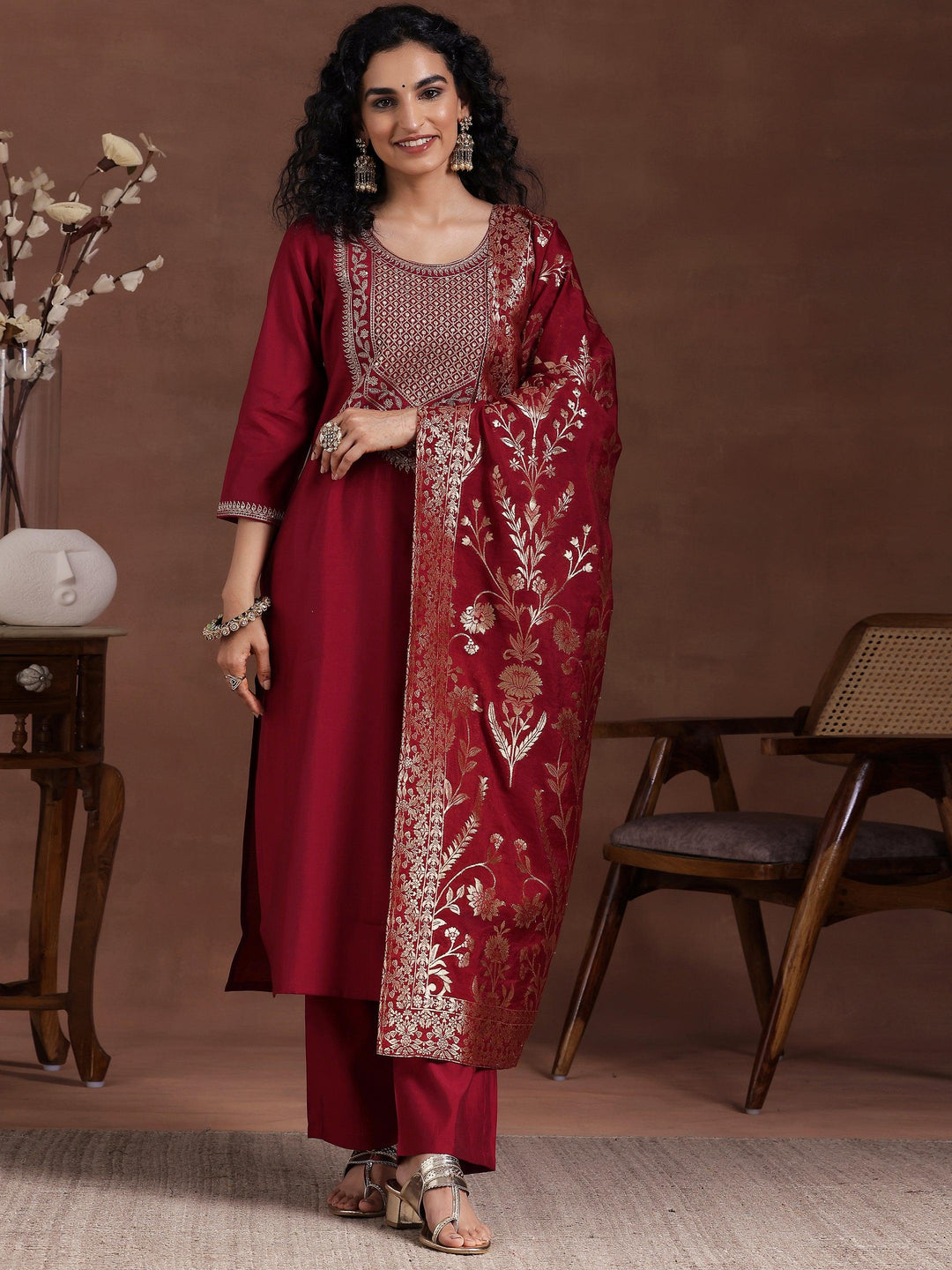 Maroon Yoke Design Silk Blend Straight Suit With Dupatta - Libas 