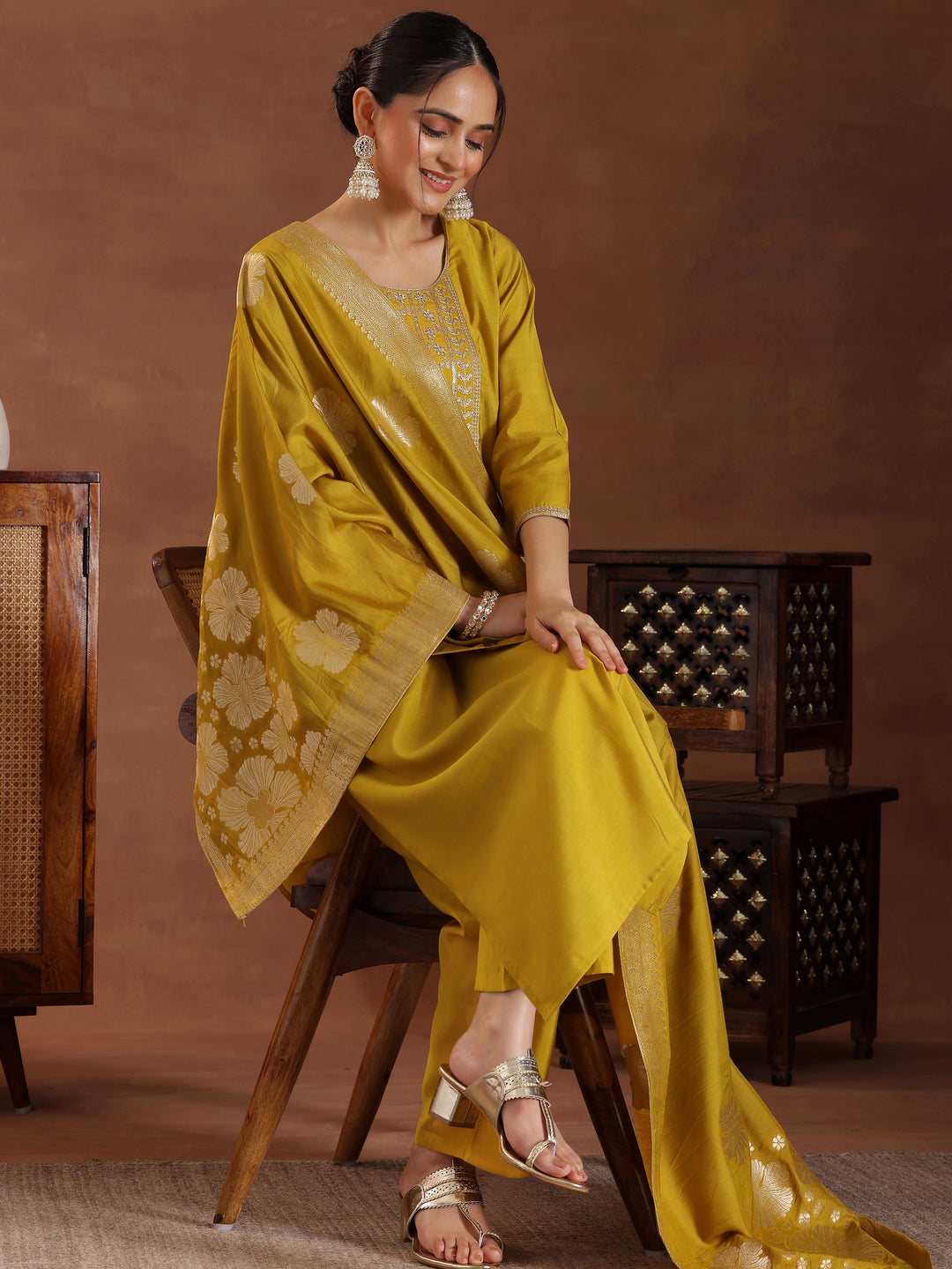 Mustard Yoke Design Silk Blend Straight Suit With Dupatta