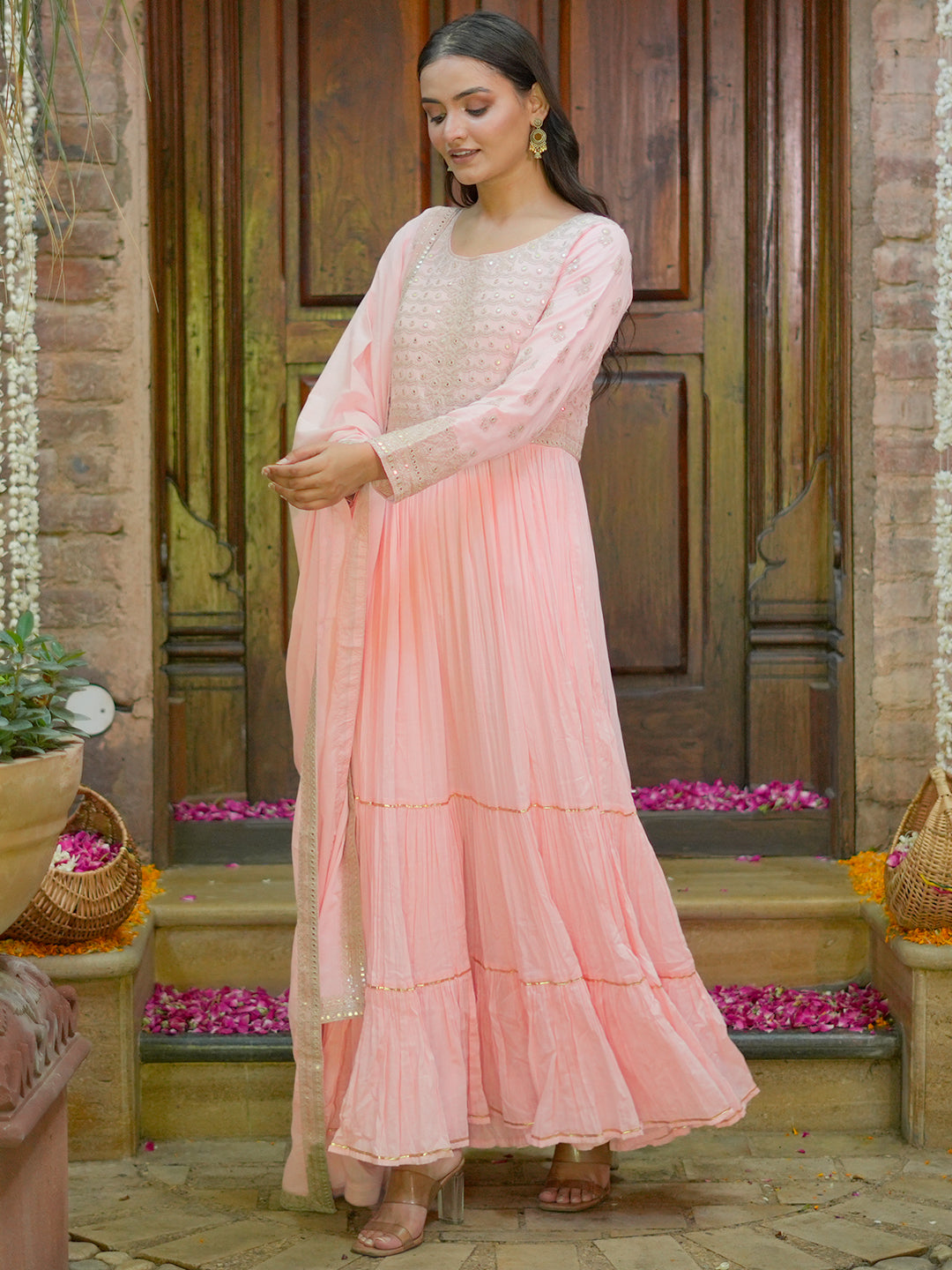 Libas Art Peach Embroidered Cotton Blend A-Line Kurta With Trousers & Dupatta