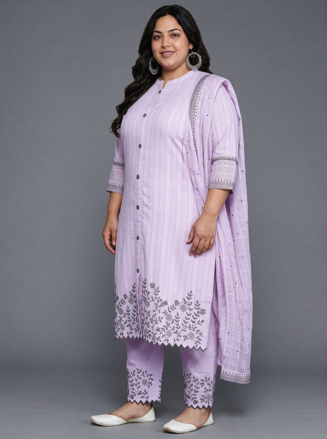 Plus Size Lavender Woven Design Cotton Straight Suit With Dupatta