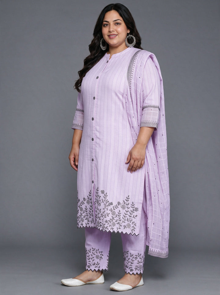 Plus Size Lavender Woven Design Cotton Straight Suit With Dupatta