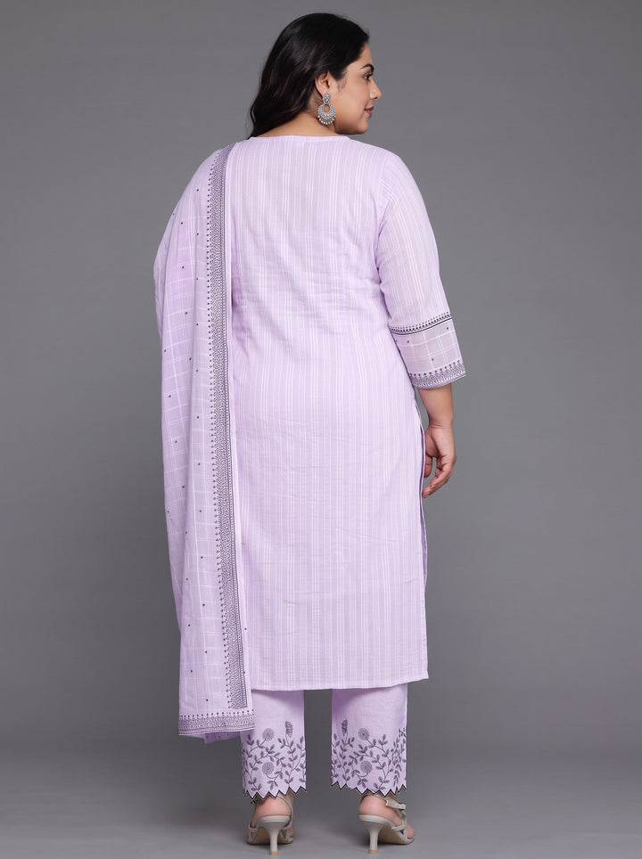Plus Size Lavender Woven Design Cotton Straight Suit With Dupatta
