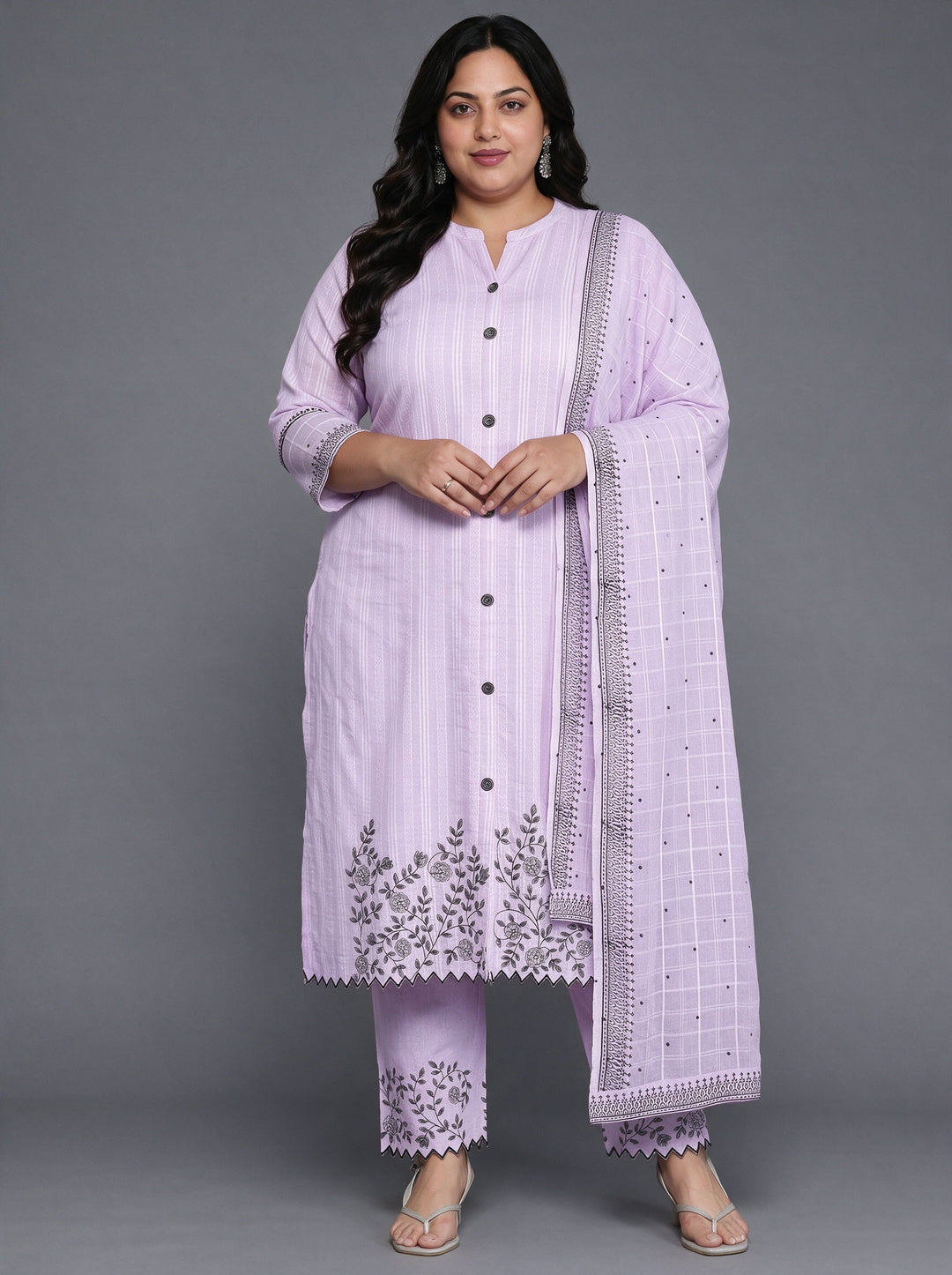 Plus Size Lavender Woven Design Cotton Straight Suit With Dupatta