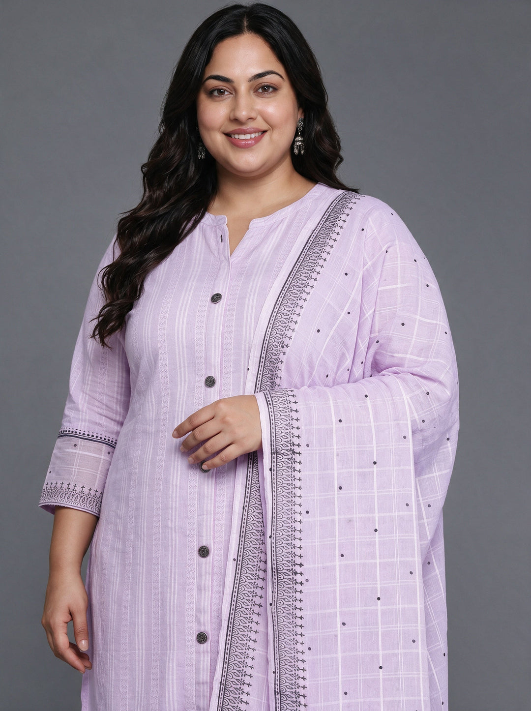 Plus Size Lavender Woven Design Cotton Straight Suit With Dupatta