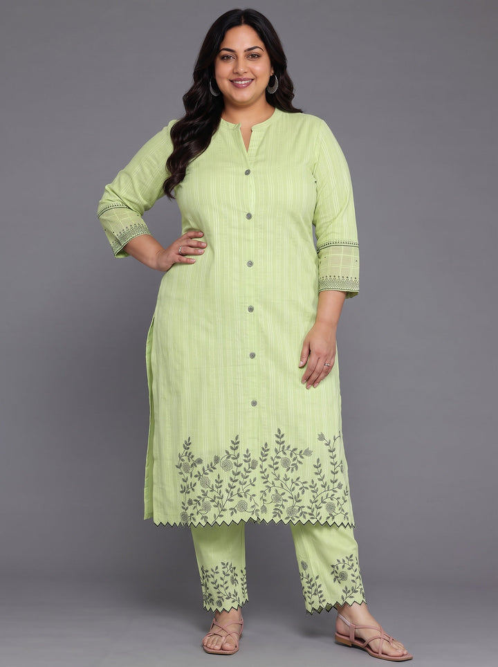 Plus Size Green Woven Design Cotton Straight Suit With Dupatta