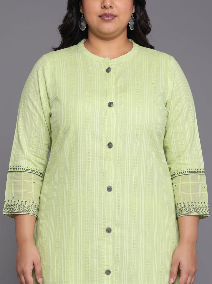 Plus Size Green Woven Design Cotton Straight Suit With Dupatta