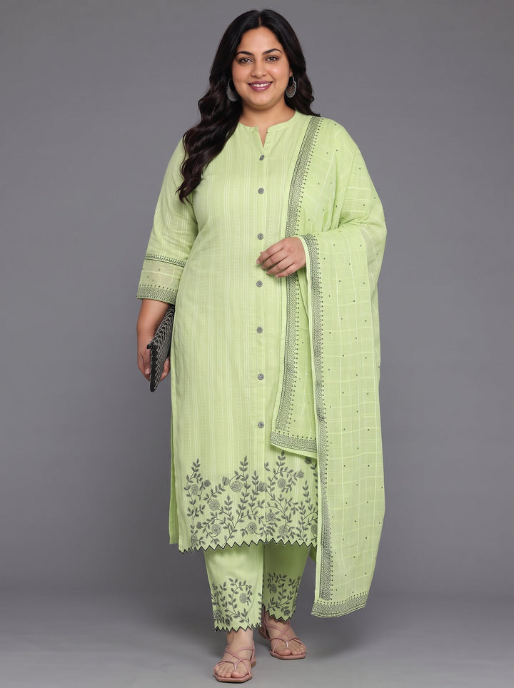 Plus Size Green Woven Design Cotton Straight Suit With Dupatta