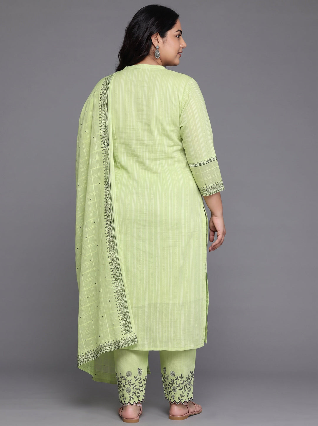 Plus Size Green Woven Design Cotton Straight Suit With Dupatta