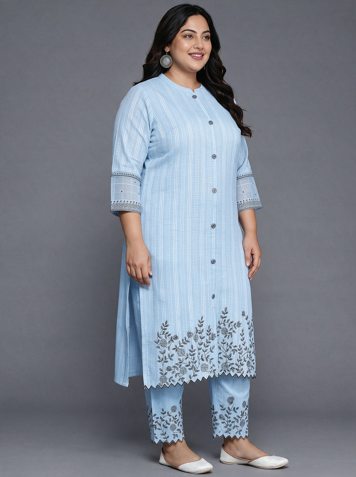 Plus Size Blue Floral Embroidered Cotton Straight Suit Set