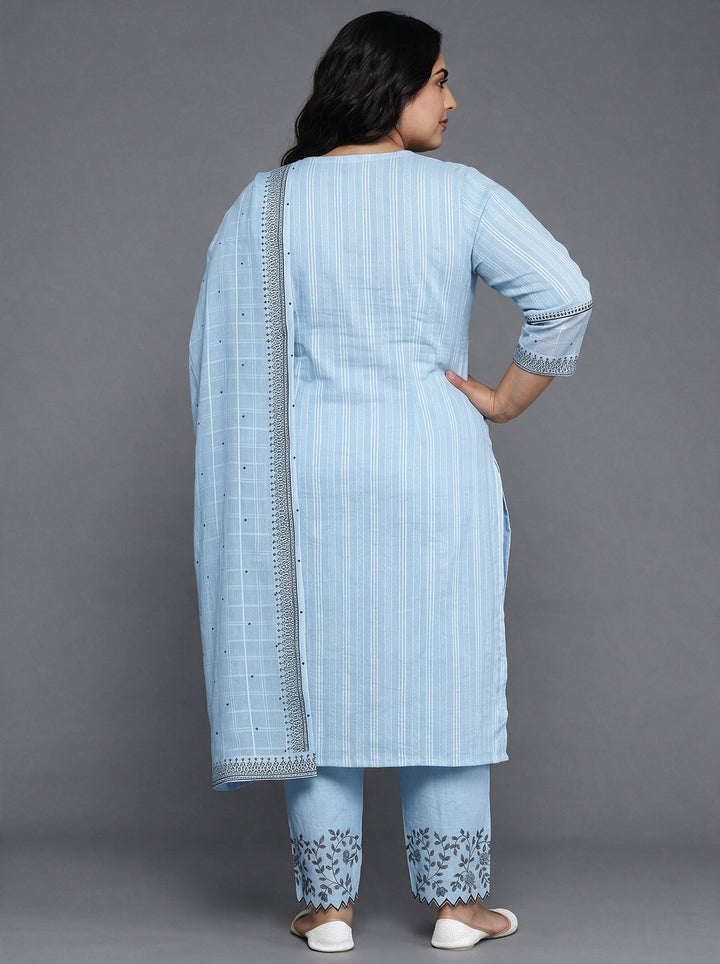 Plus Size Blue Floral Embroidered Cotton Straight Suit Set