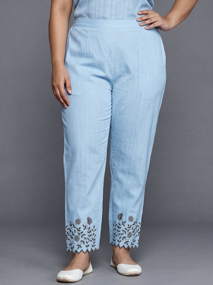 Plus Size Blue Floral Embroidered Cotton Straight Suit Set