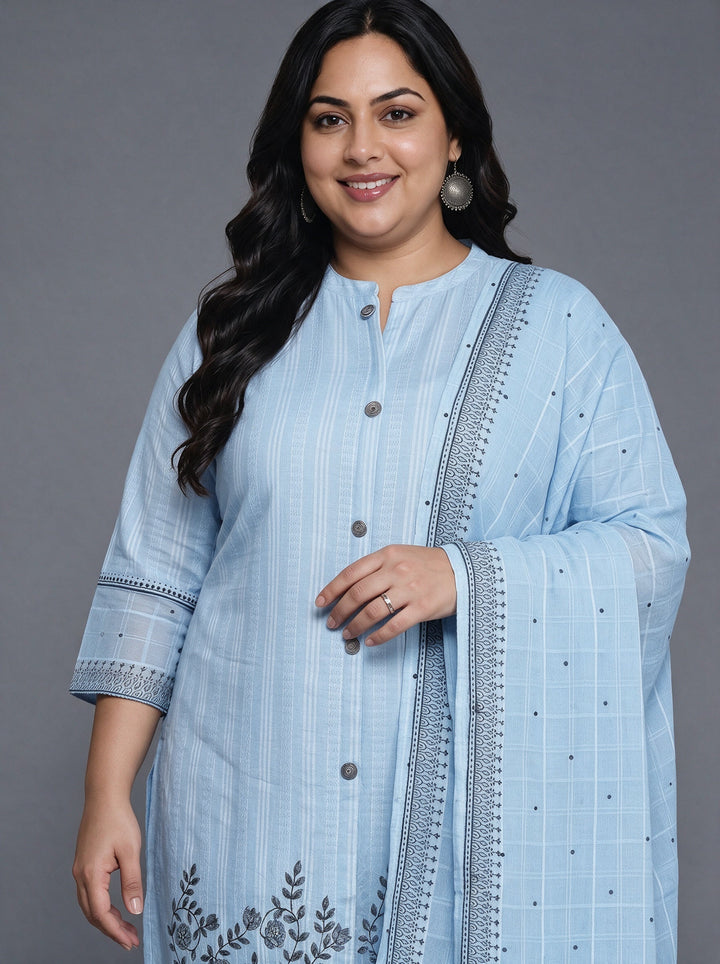 Plus Size Blue Floral Embroidered Cotton Straight Suit Set