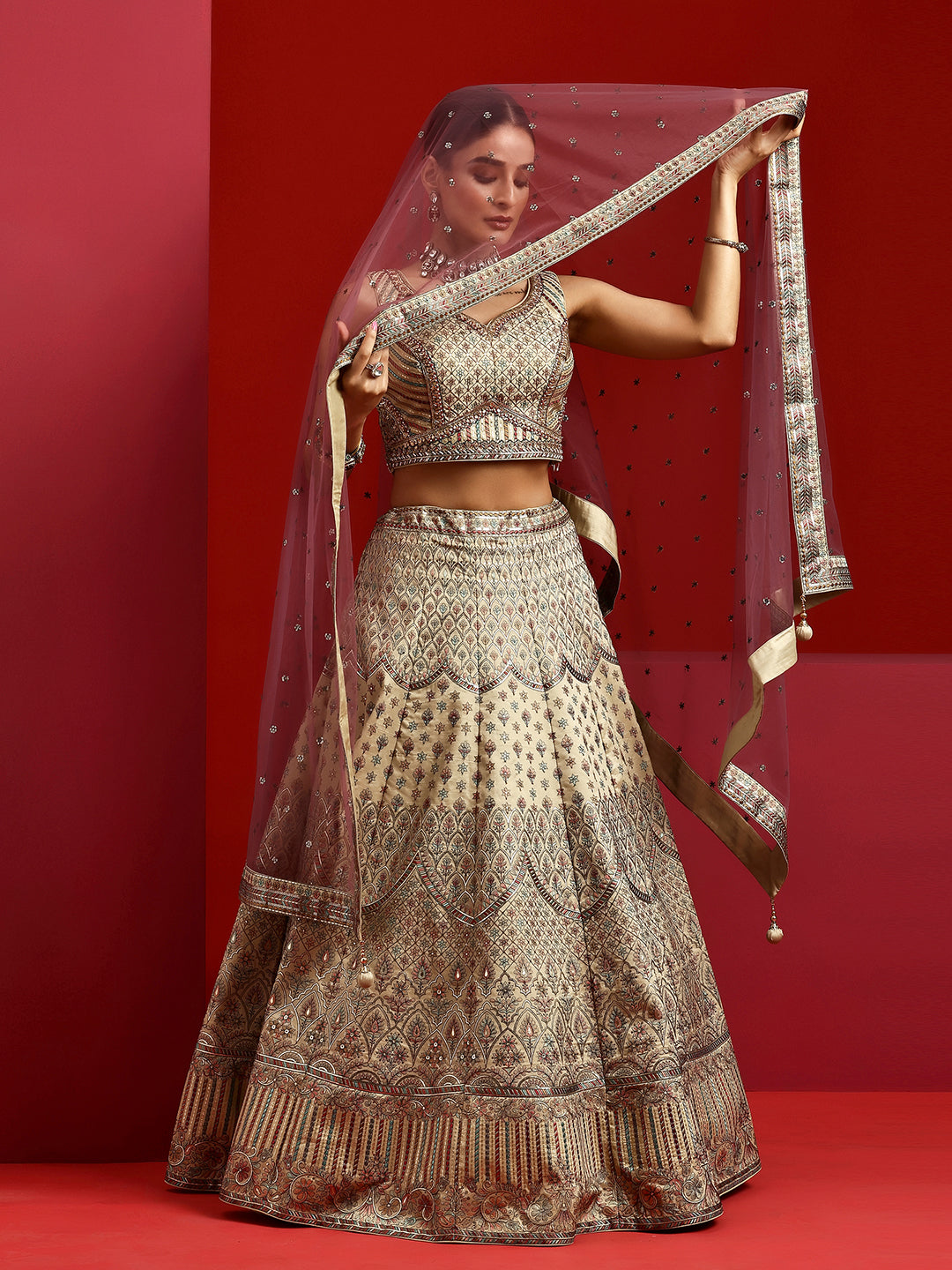 Libas Art Olive Embroidered Silk Blend Lehenga Set
