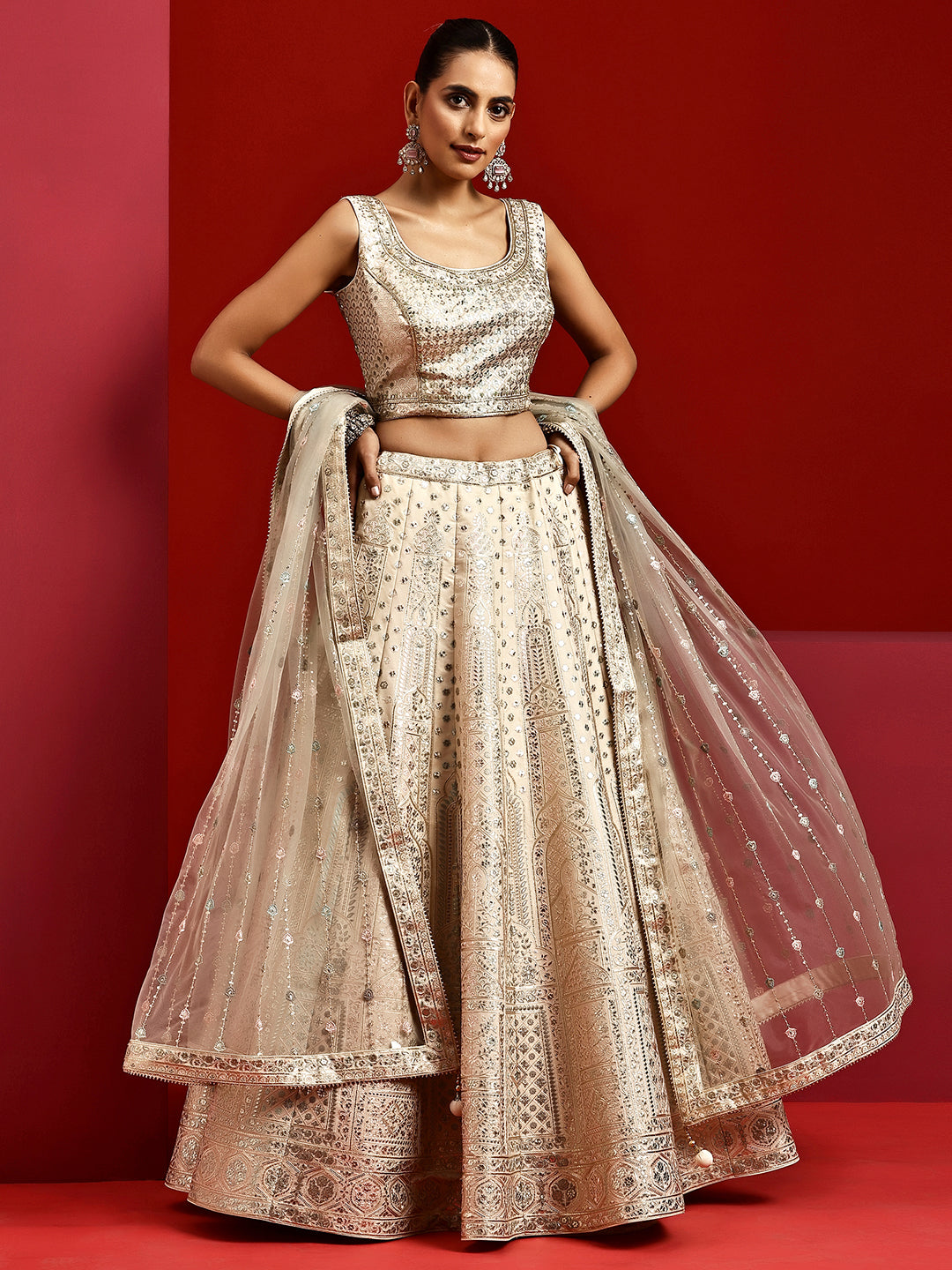 Libas Art Beige Embroidered Silk Blend Lehenga Set